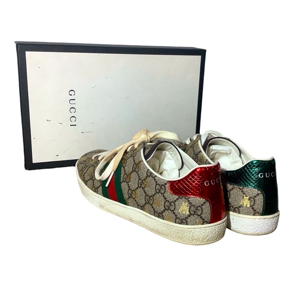 GUCCI GG Supreme Monogram Bees Ayers Web Womens Ace Sneakers Beige Oro Green Red - Picture 3 of 7
